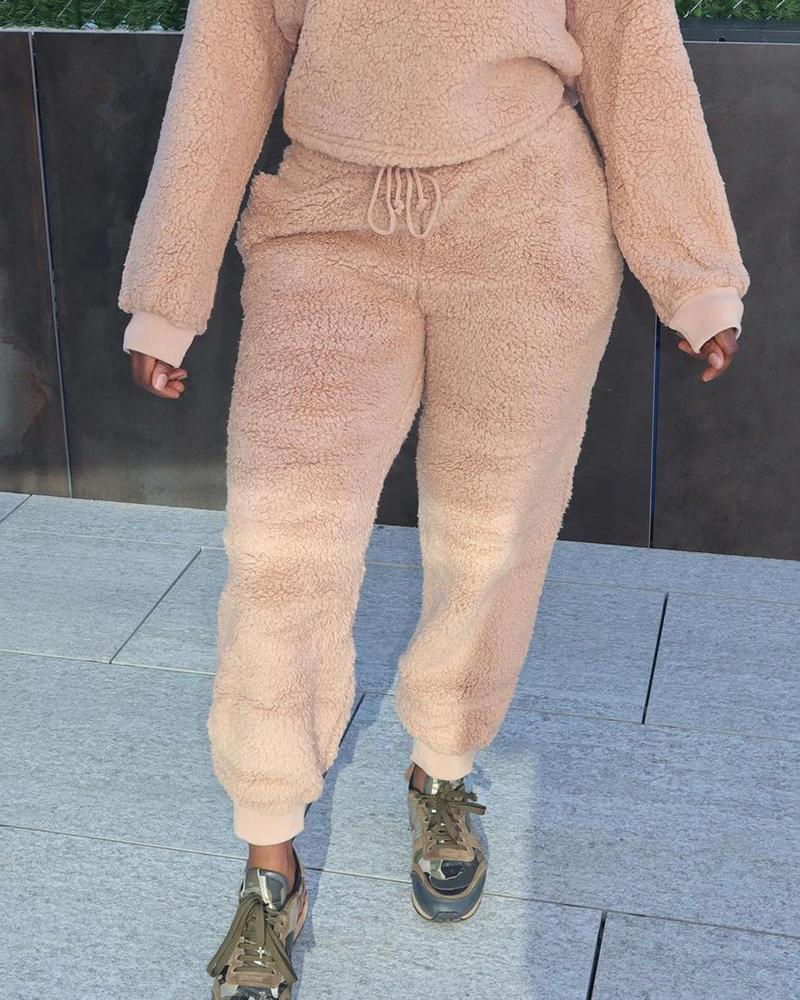 

Pocket Drawstring Design High Waist Fluffy Pants, Apricot