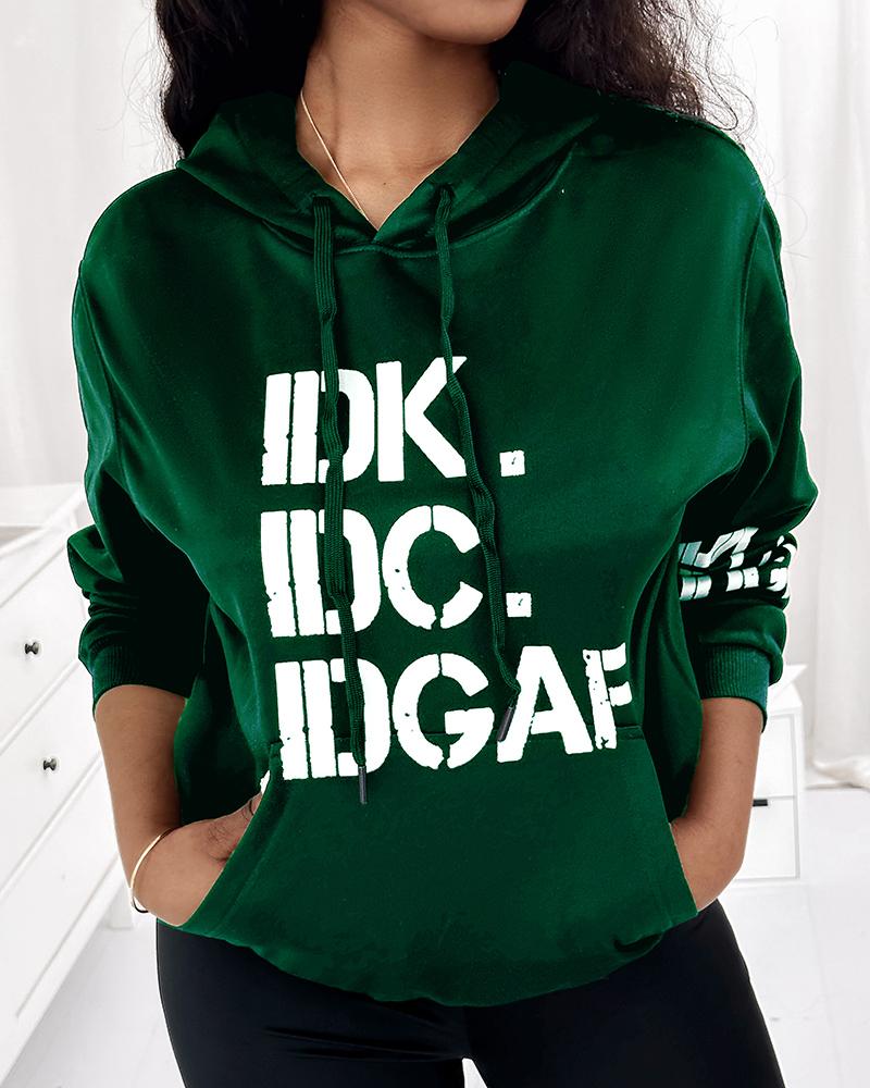 

Letter Print Long Sleeve Casual Hoodie, Green