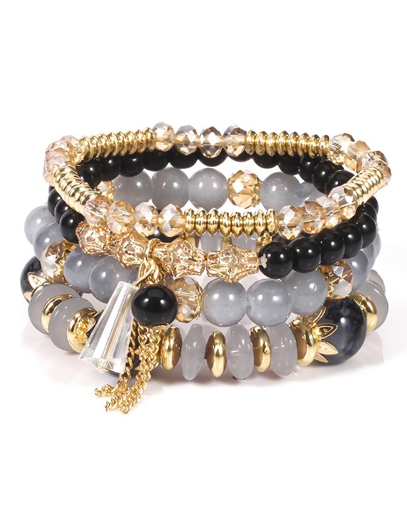 

4pcs Bohemian Crystal Stone Beaded Stackable Tassel Bracelets Set, Black