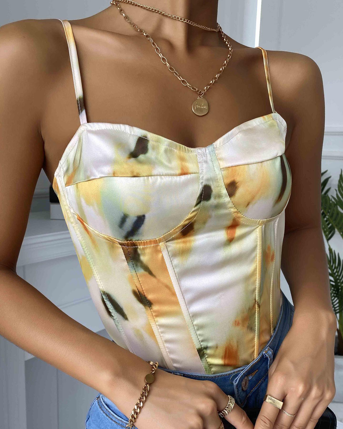 

Spaghetti Strap Strappy Tie Dye Print Crop Top, Yellow