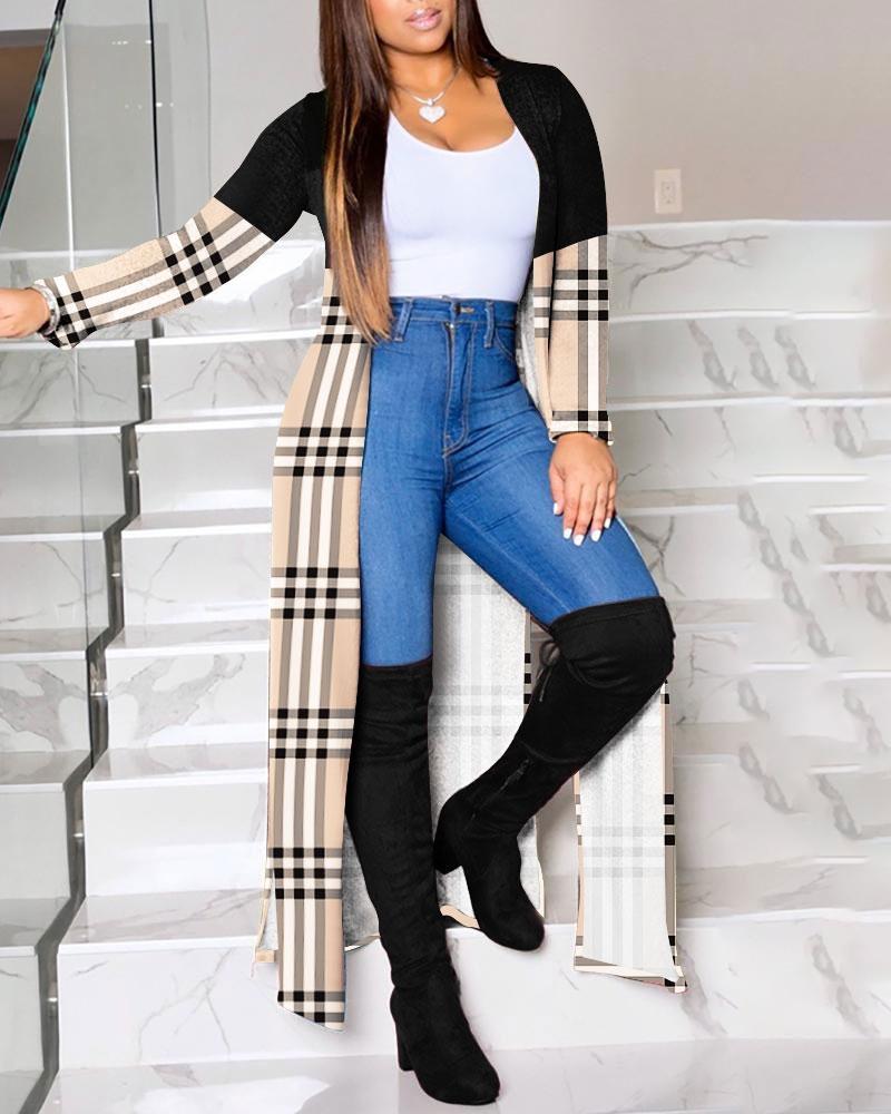 

Plaid Print Open Front Split Hem Longline Coat, Khaki