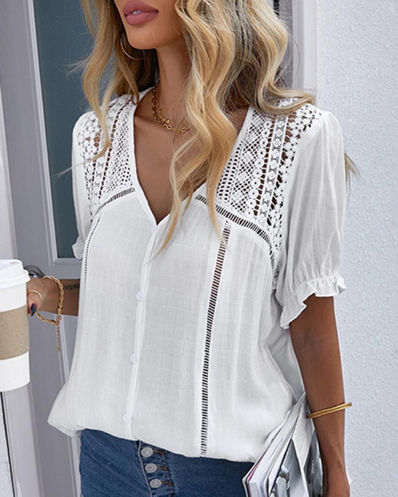 

Contrast Lace Frill Hem Lantern Sleeve Top, White