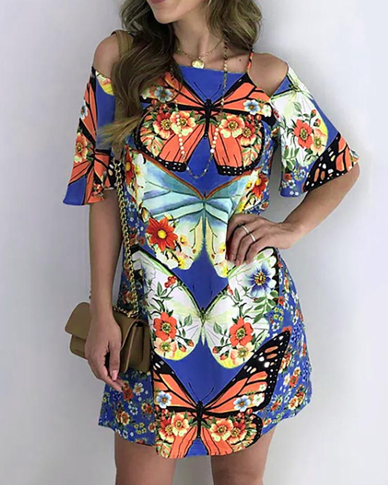 

Butterfly Print Cold Shoulder Backless Dress, Dark blue