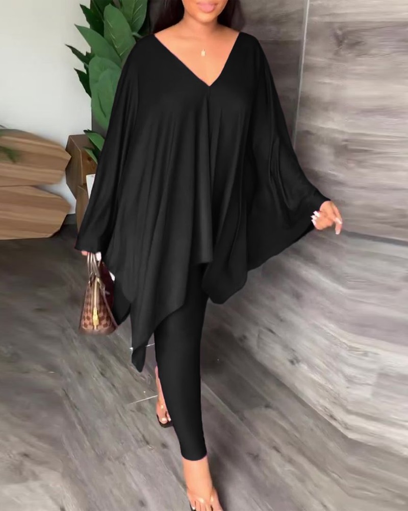 

Asymmetrical Hem Top & Pants Set, Black