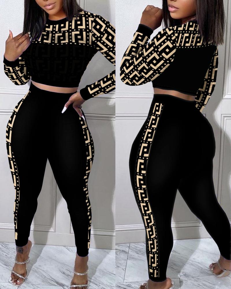 

Geo Print Crop Top & High Waist Pants Set, Black