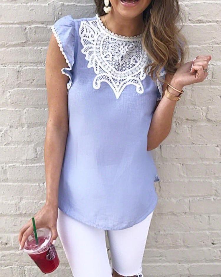

Crochet Lace Splicing Flutter Sleeve Casual Blouse, Blue