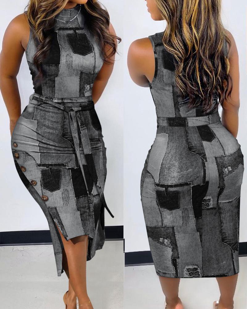 

Denim Look Print Sleeveless Bodycon Dress, Gray