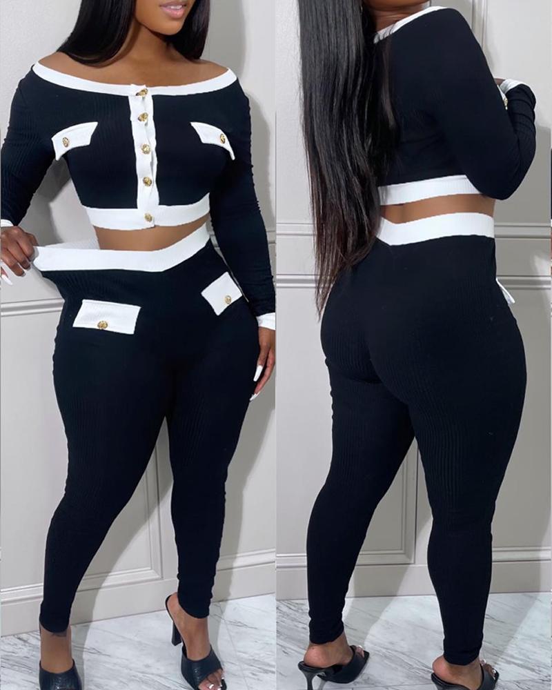 

Contrast Paneled Off Shoulder Crop Top & High Waist Pants Set, Black