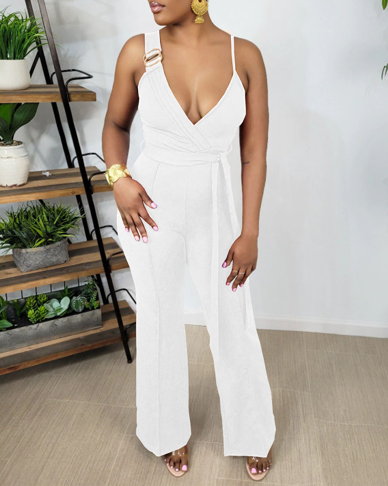 

Plain V-Neck Sleeveless Belted Jumpsuit, White