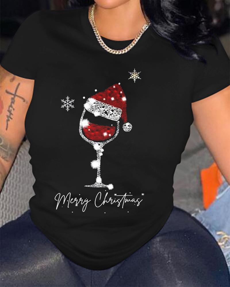 

Christmas Wine Glass Print Casual T-shirt, Black