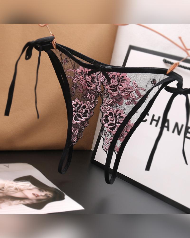 

Sexy See-through Splicing Floral Embroidery Thong Panties, Pink
