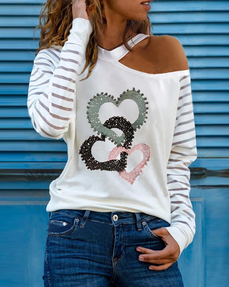 

Heart Print Cold Shoulder Mesh Long Sleeve Women Top, White