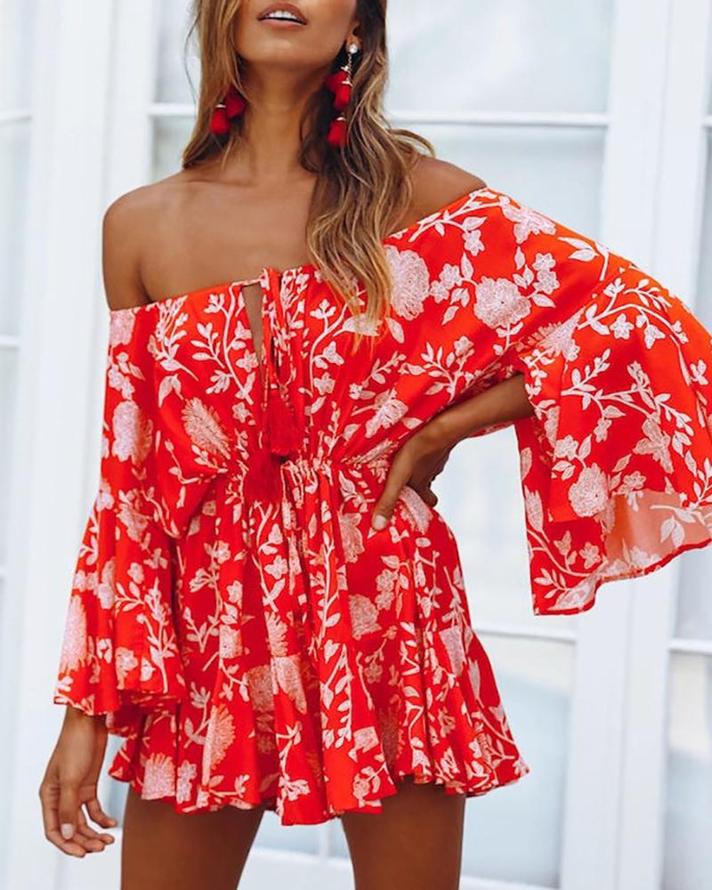 

Off Shoulder Floral Print Long Sleeve Romper, Red