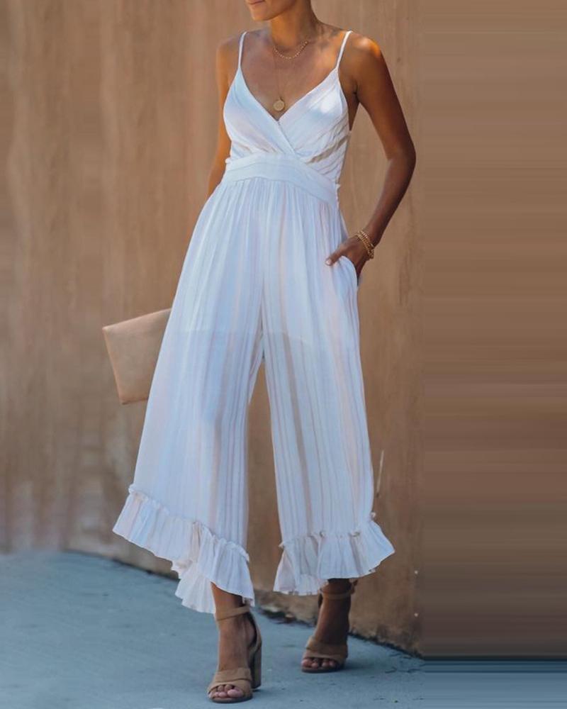 

Spaghetti Strap Ruffles Hem Plain Knotted Wide Leg Jumpsuit, White