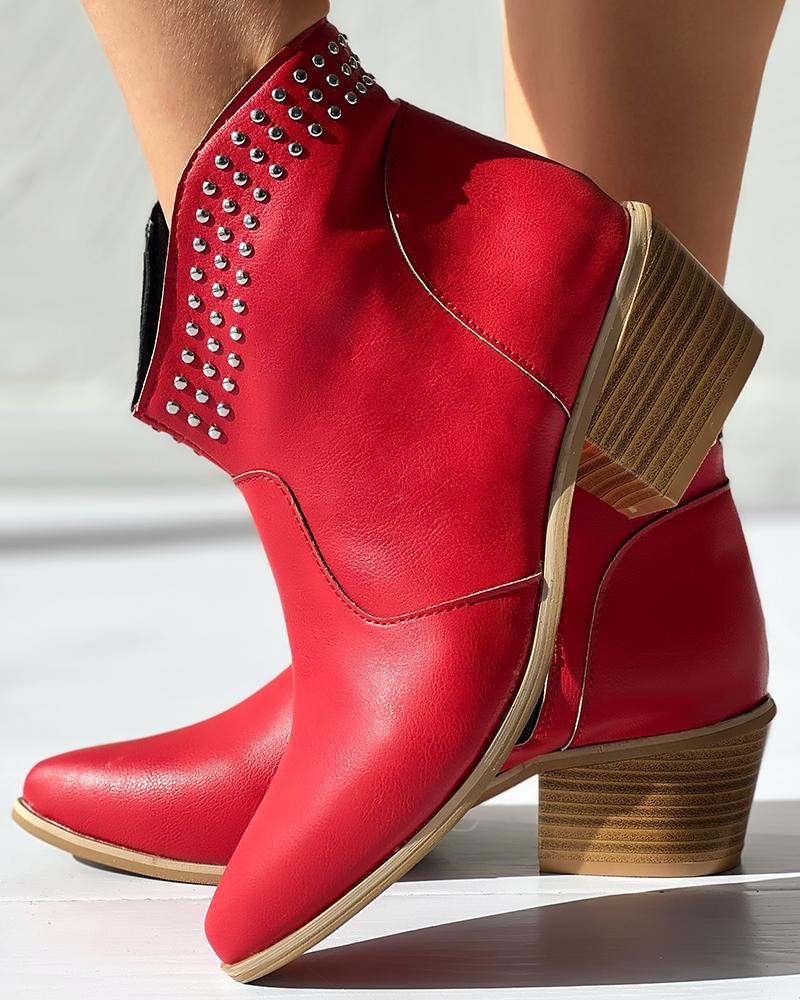 

Studded Decor Chunky Heel Cowboy Boots, Red