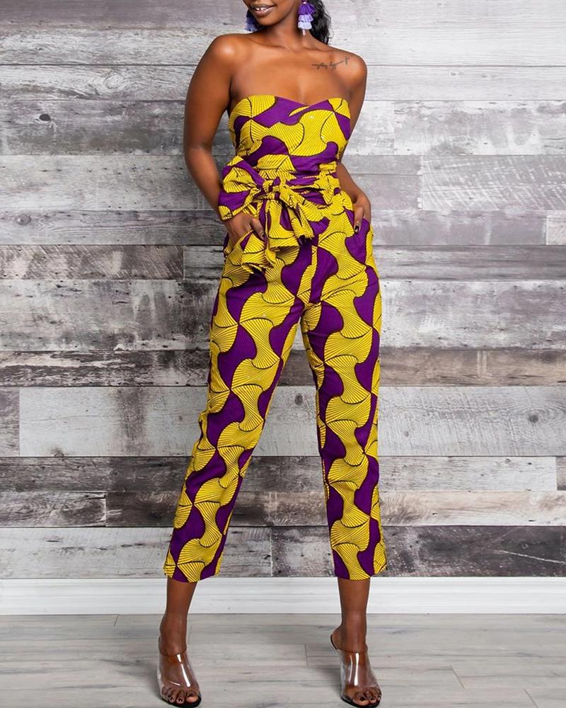 

Dashiki Print Multi Wear-way Tight Waist Jumpsuit, Yellow
