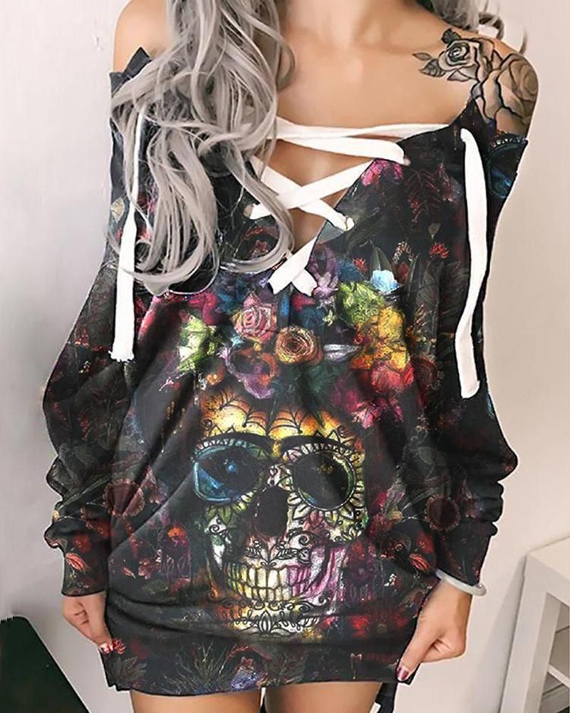

Halloween Skull Floral Print Eyelet Lace-up Casual Dress, Black