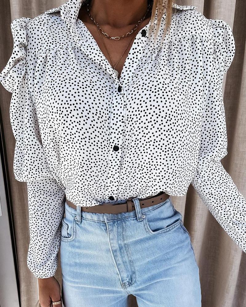 

Polkadot Print Puff Gigot Sleeve Buttoned Shirt, White