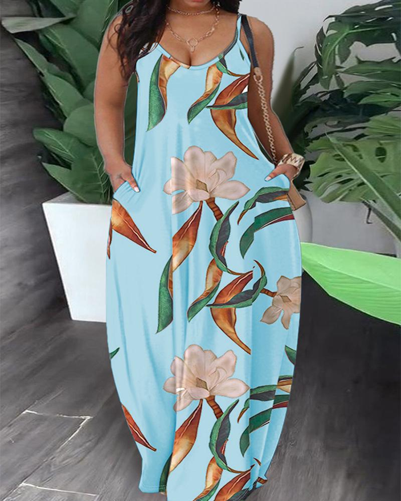 

Plus Size Tropical Print Pocket Design Wide Leg Jumpsuit, Blue