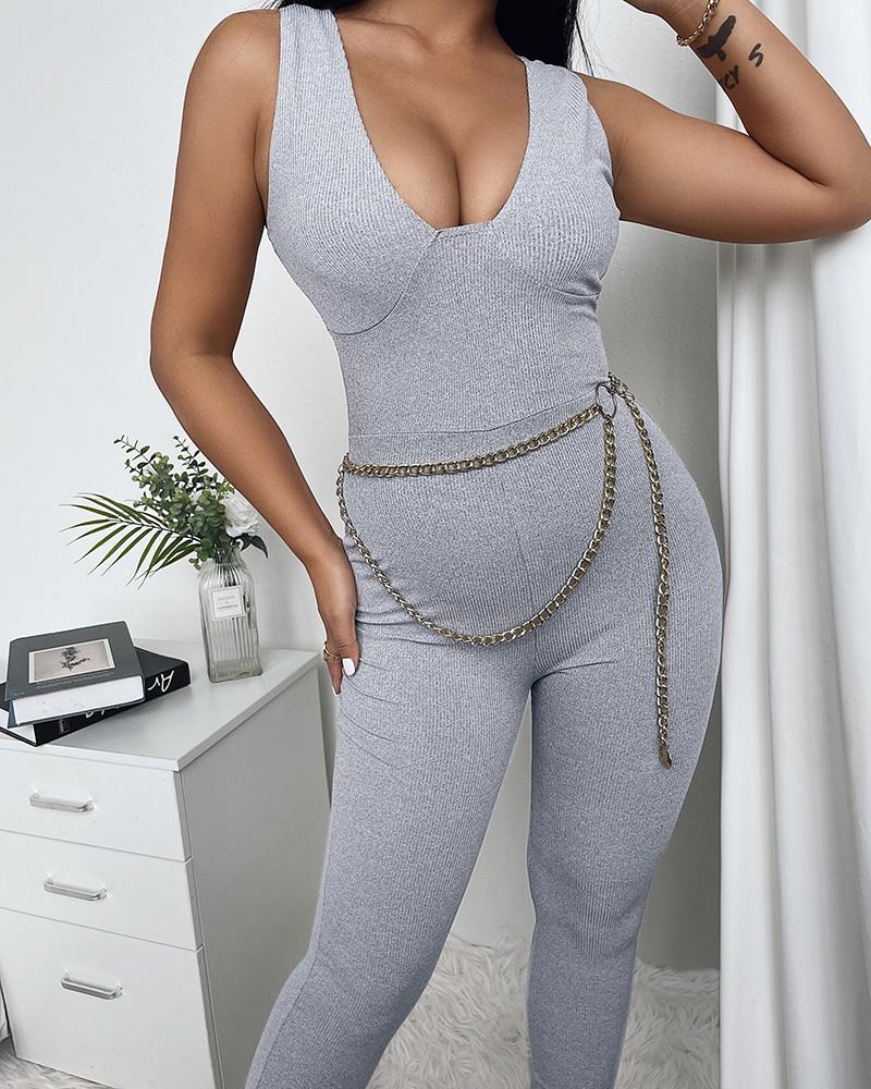 

Plunge Sleeveless Casual Skinny Jumpsuit, Gray