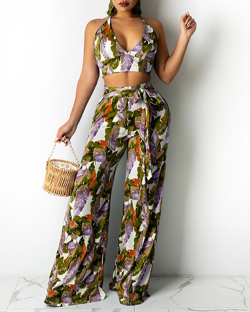 

Halter Backless Leaf Print Crop Top & Wide Legs Pants Set, Purple