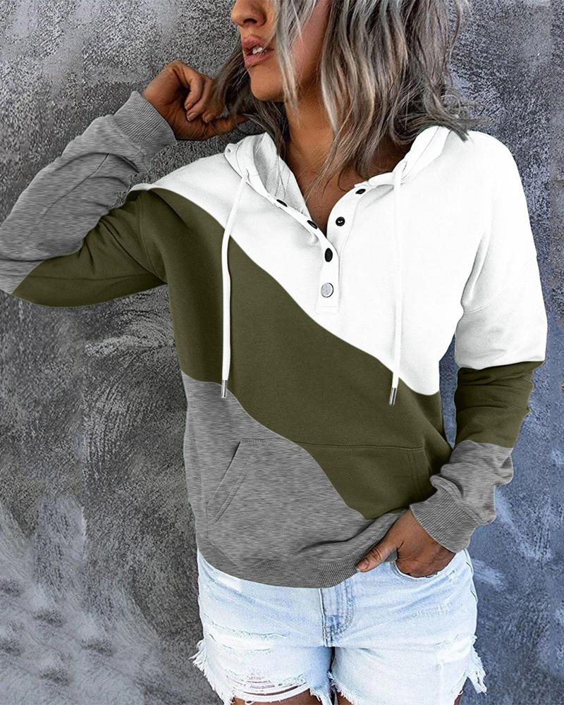 

Colorblock Long Sleeve Drawstring Hoodie, Green