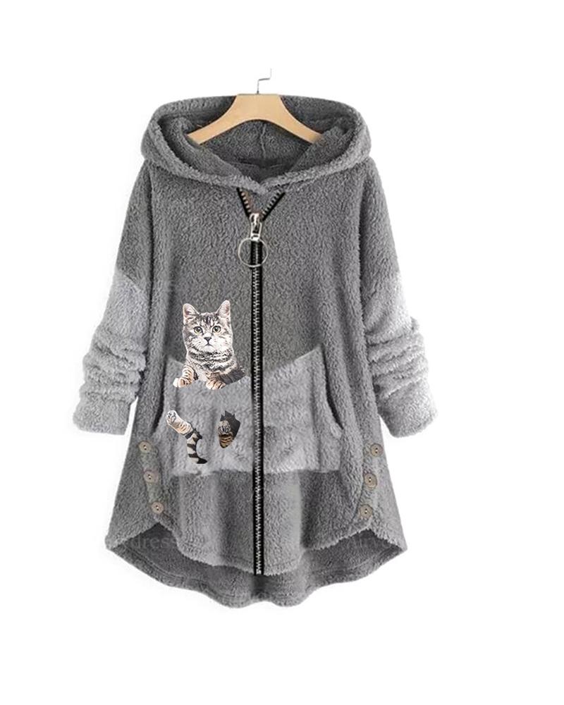 

Plus Size Cat Print Long Sleeve Hooded Zip Up Teddy Coat, Gray