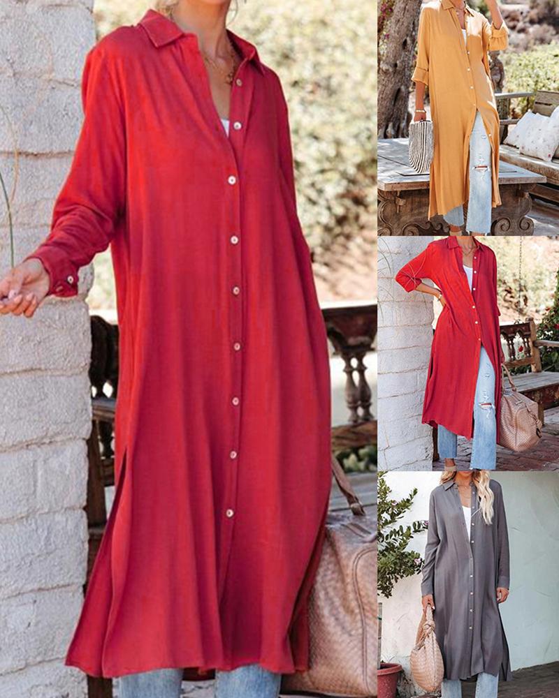 

Buttoned Long Sleeve Loose Shirt Dress, Red