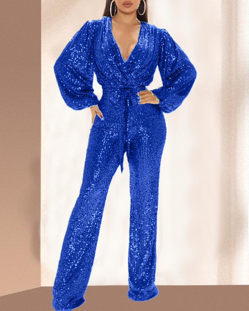 

Lantern Sleeve Sequin Jumpsuit With Belt, Blue