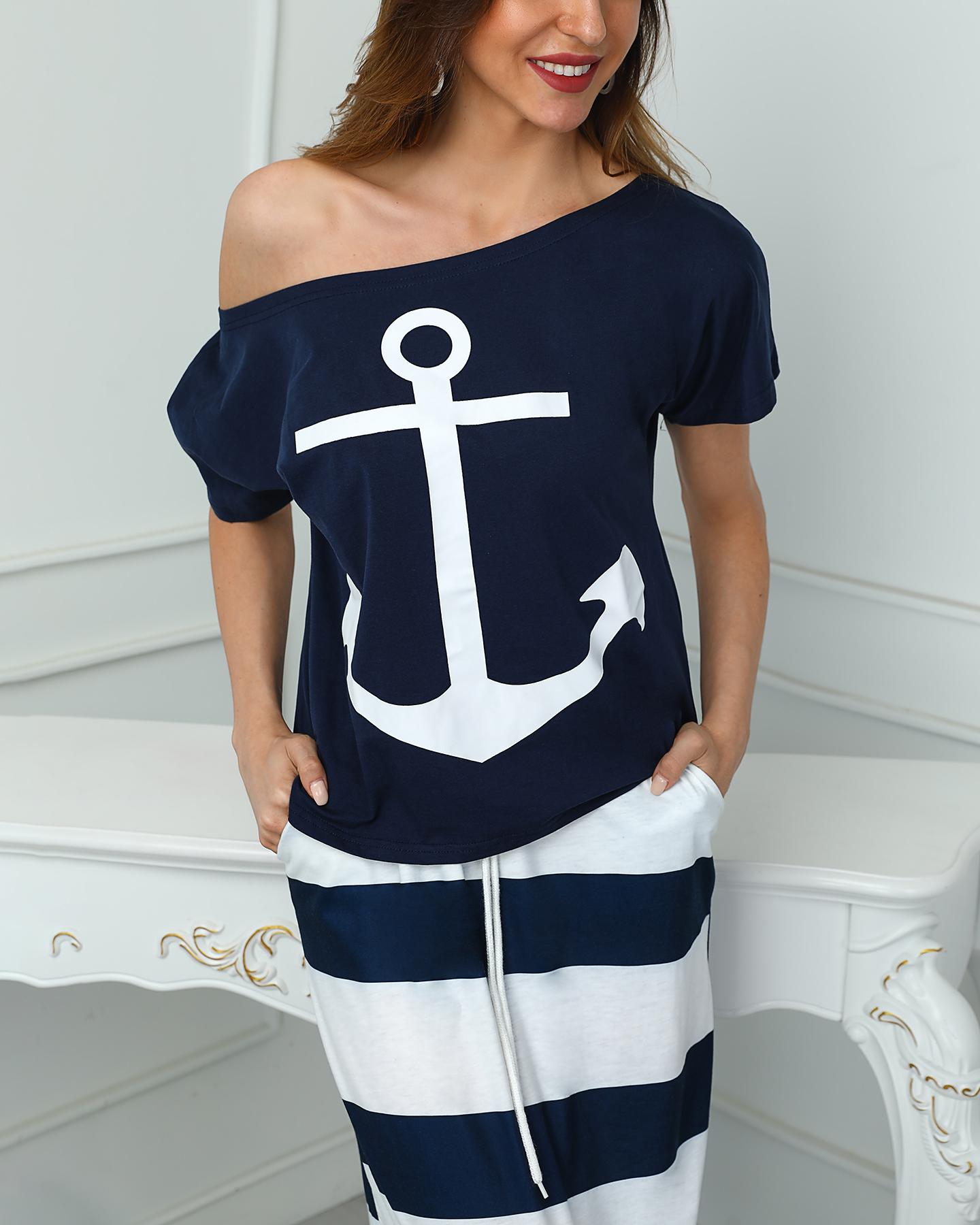 

Boat Anchor Print Short Sleeve Casual T-Shirt, Blue