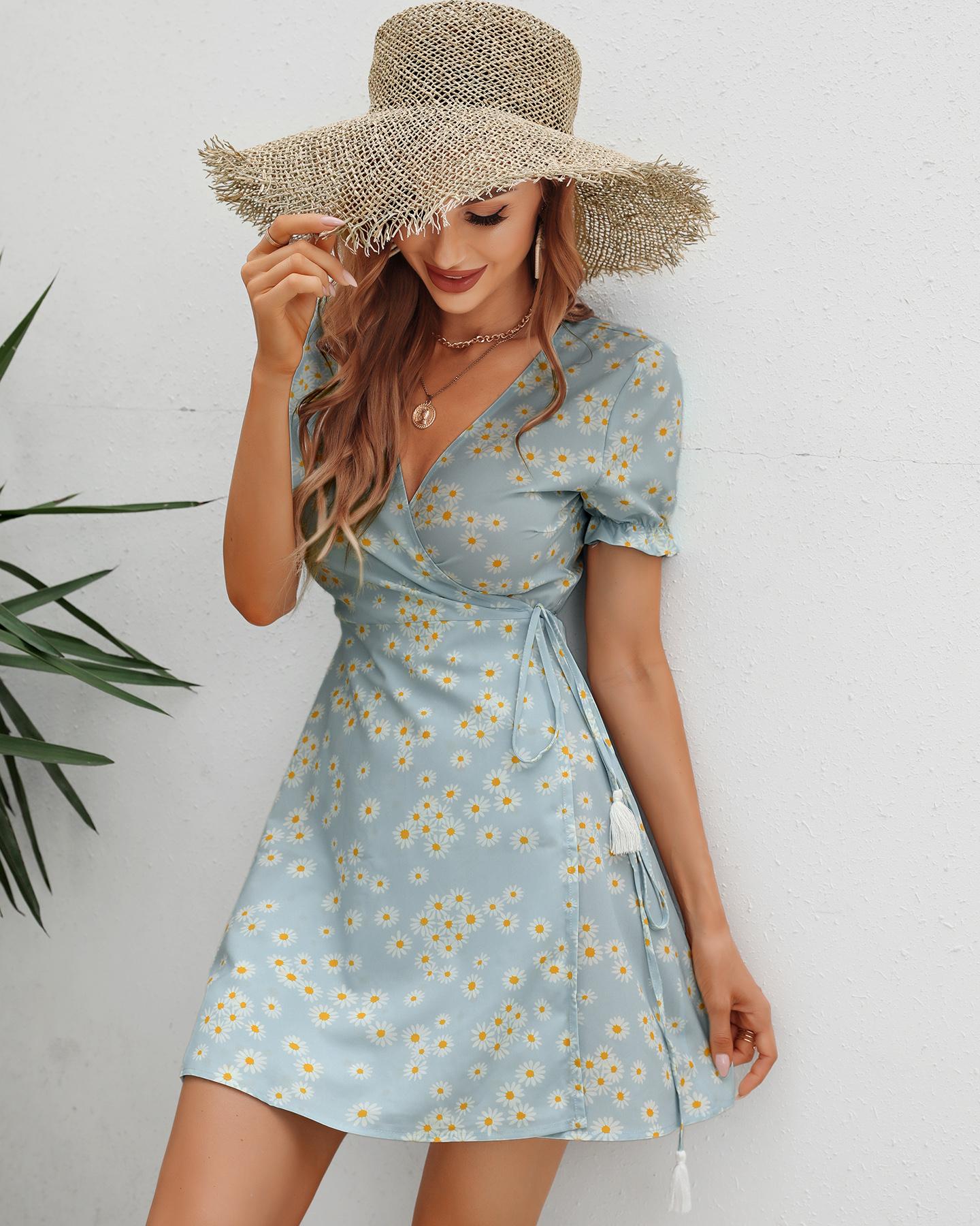 

Floral V-Neck Surplice Mini Dress, Sky blue
