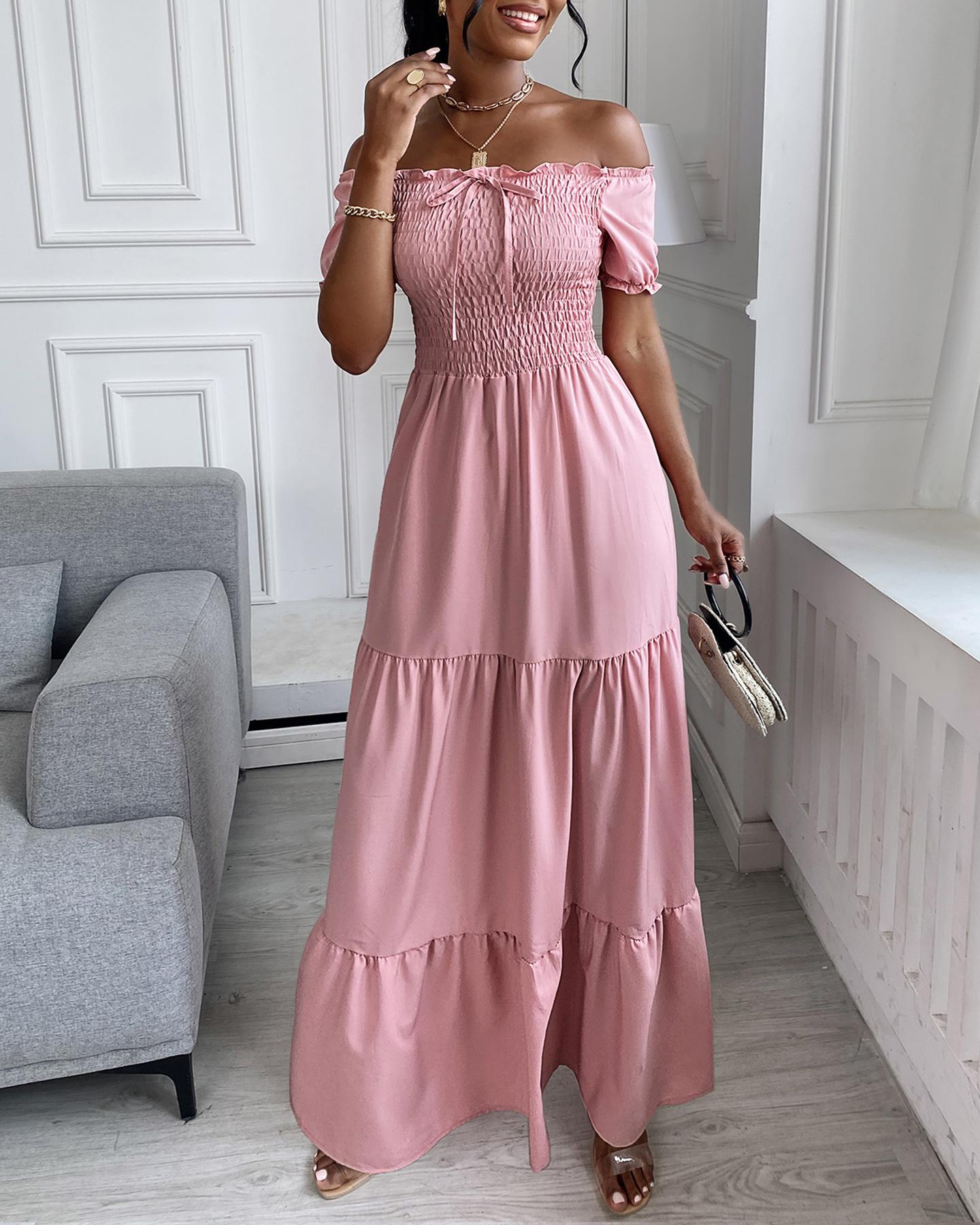 

Off Shoulder Shirring Detail Frill Hem Maxi Dress, Pink