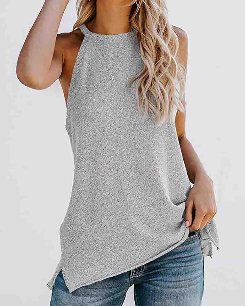 

Sleeveless Plain Side Slit O-neck Top, Gray