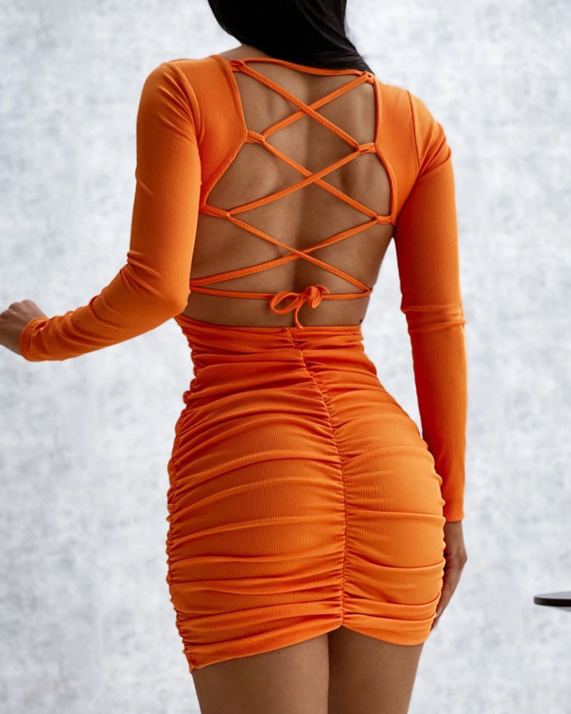 

Ribbed Lace-up Backless Ruched Bodycon Dress, Orange