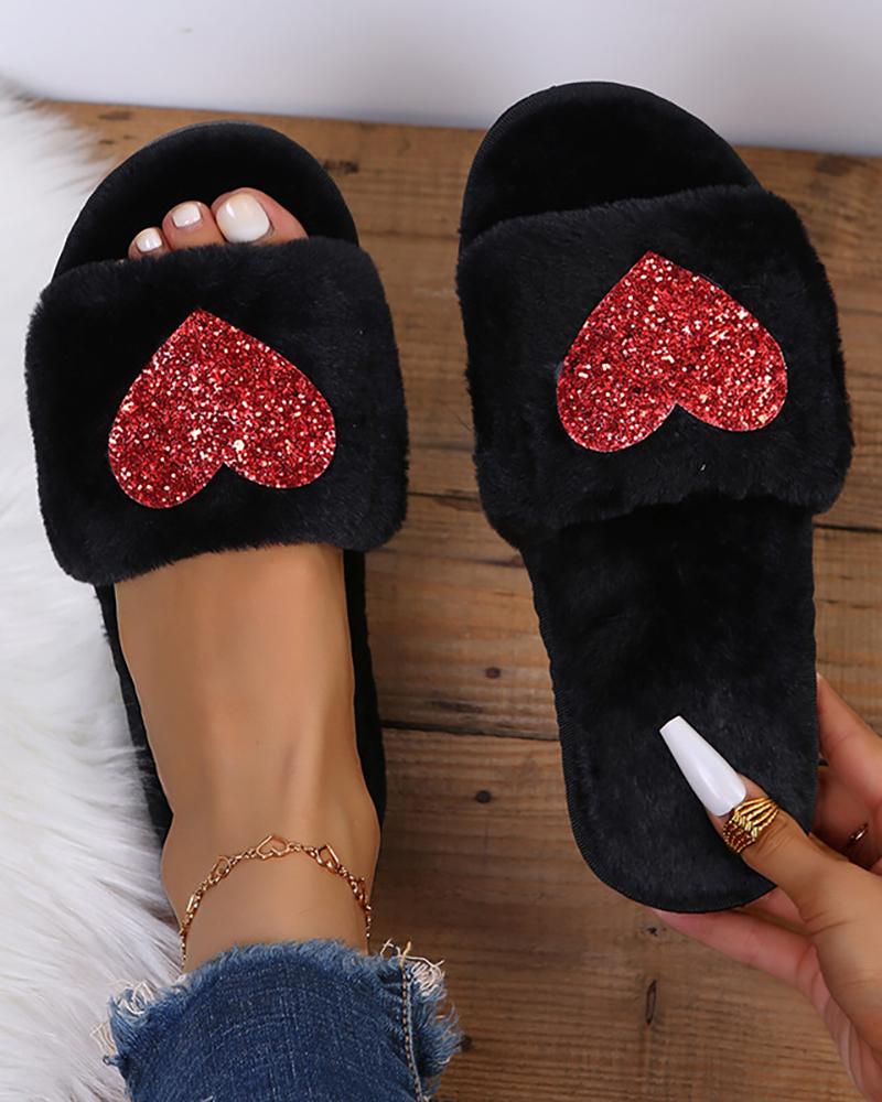 

Heart Pattern Glitter Fuzzy Slippers, Black