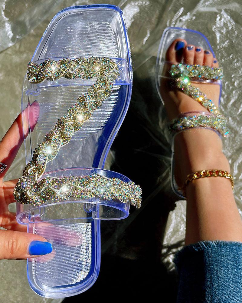 

Rhinestone Strap Square Toe Slippers, Clear