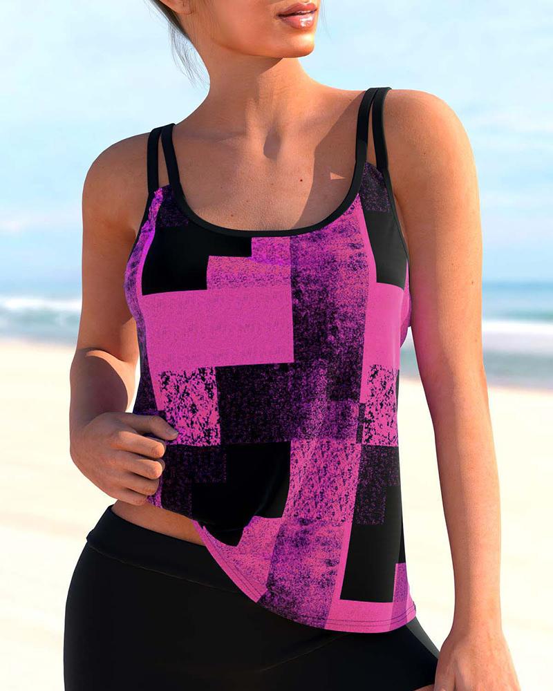 

Contrast Binding Geometric Print Tankini Set, Hot pink