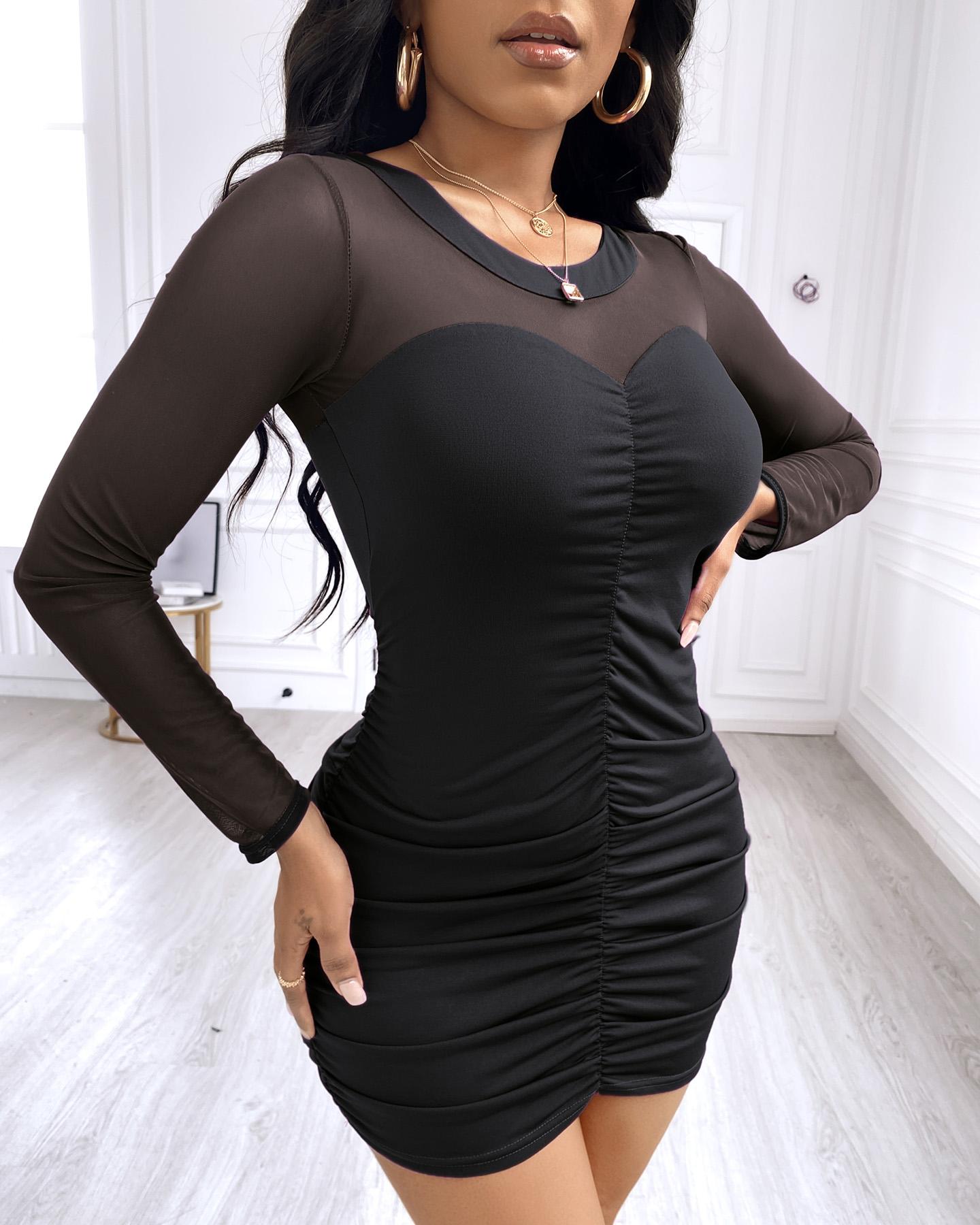 

Plain Long Sleeve Ruched Bodycon Dress, Black