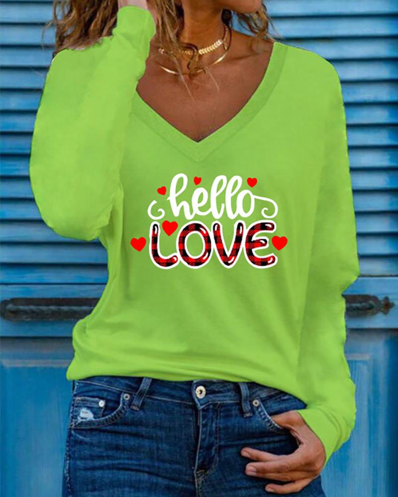 

Valentine' Day Heart Letter Print Long Sleeve Top, Green
