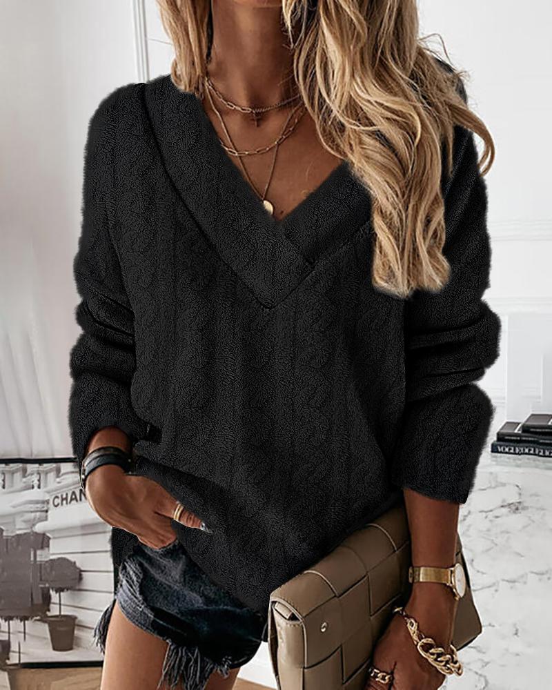 

Braid Textured Fluffy Long Sleeve Casual Top, Black