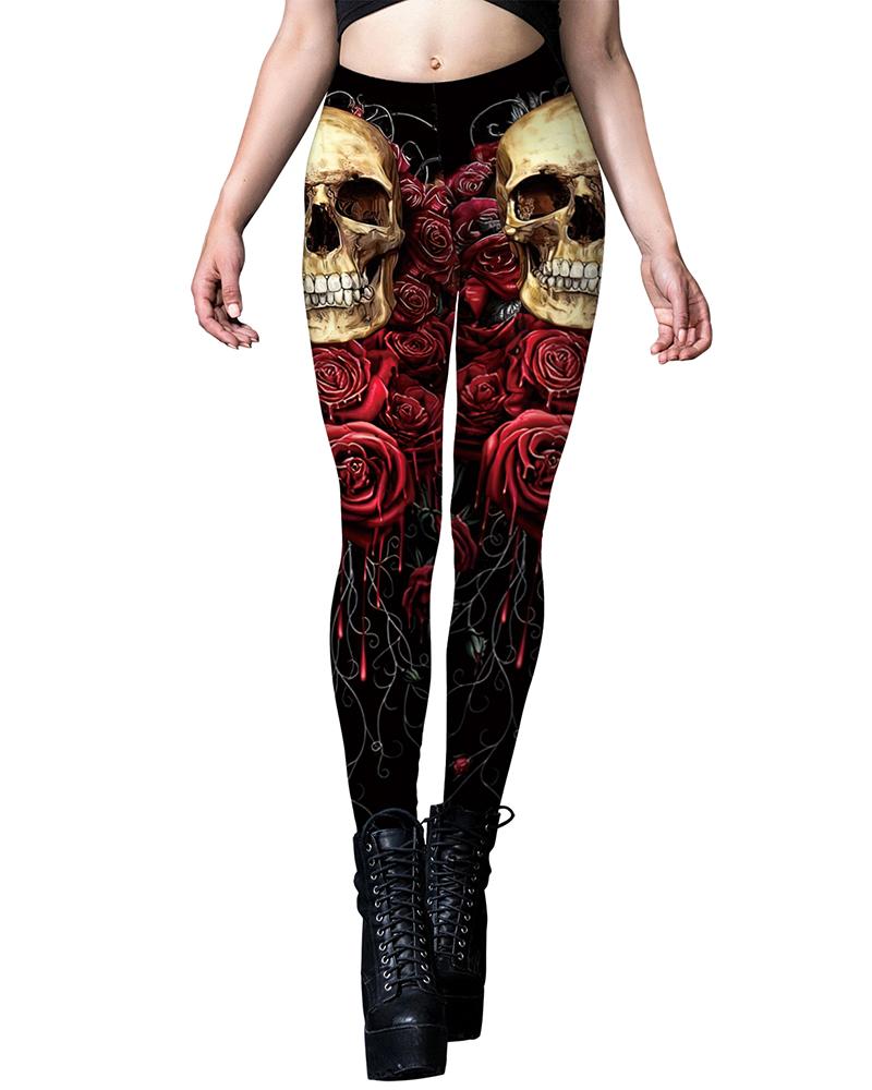 

Halloween Skeleton Rose Print High Waist Leggings, Black