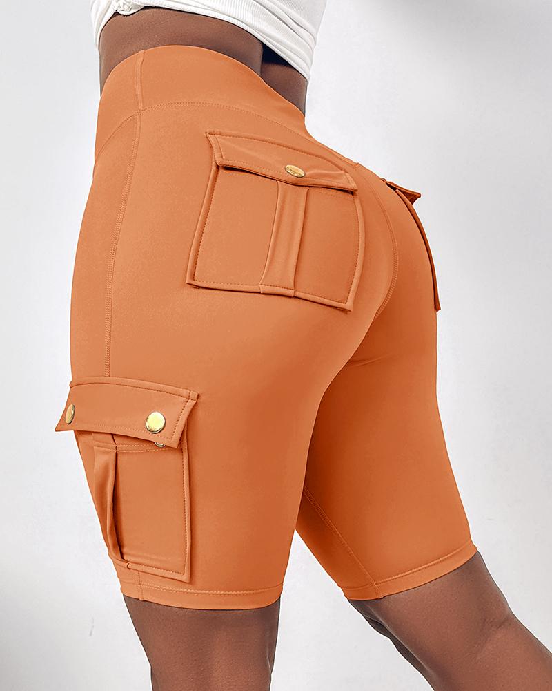 

Ruched Quick Dry Pocket Design Sports Yoga Shorts, Orange