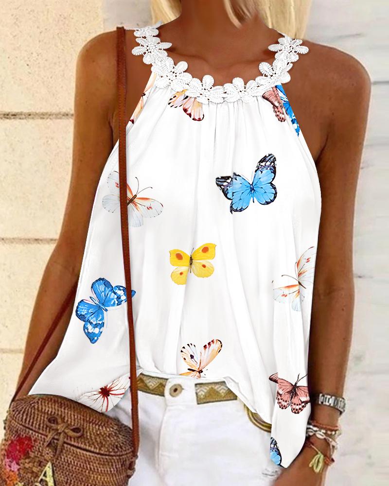 

Top sin mangas con parche de encaje y guipur con estampado de mariposas, White