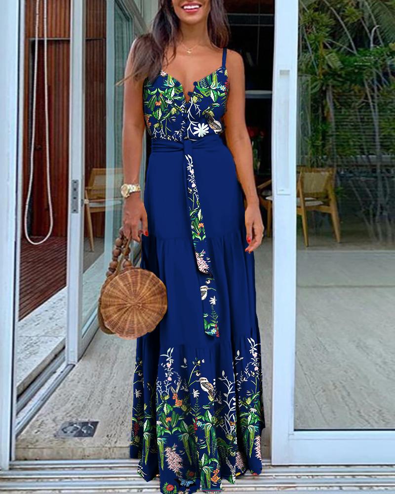 

Plant Print Spaghetti Strap Button Knotted Ruffle Trim Maxi Dress, Blue