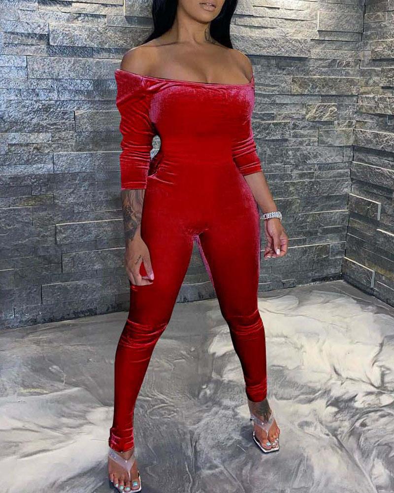 

Velvet Off Shoulder Skinny Jumpsuit, Red
