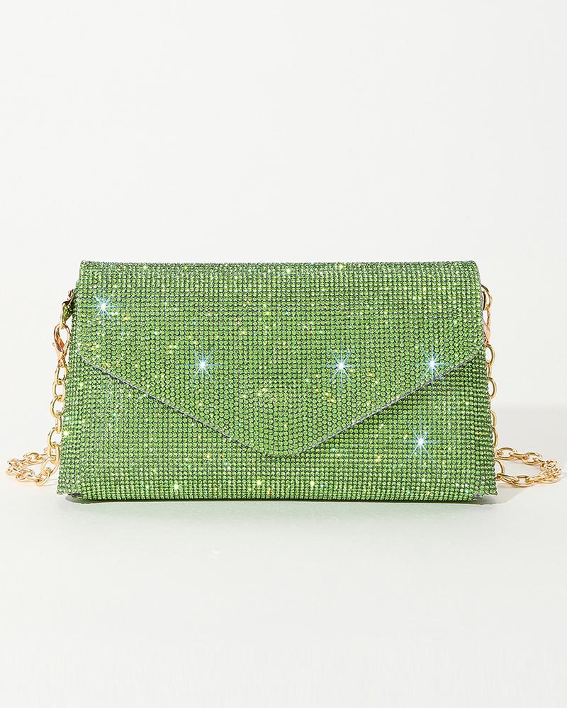 

Allover Rhinestone Evening Envelop Clutch Bag, Green