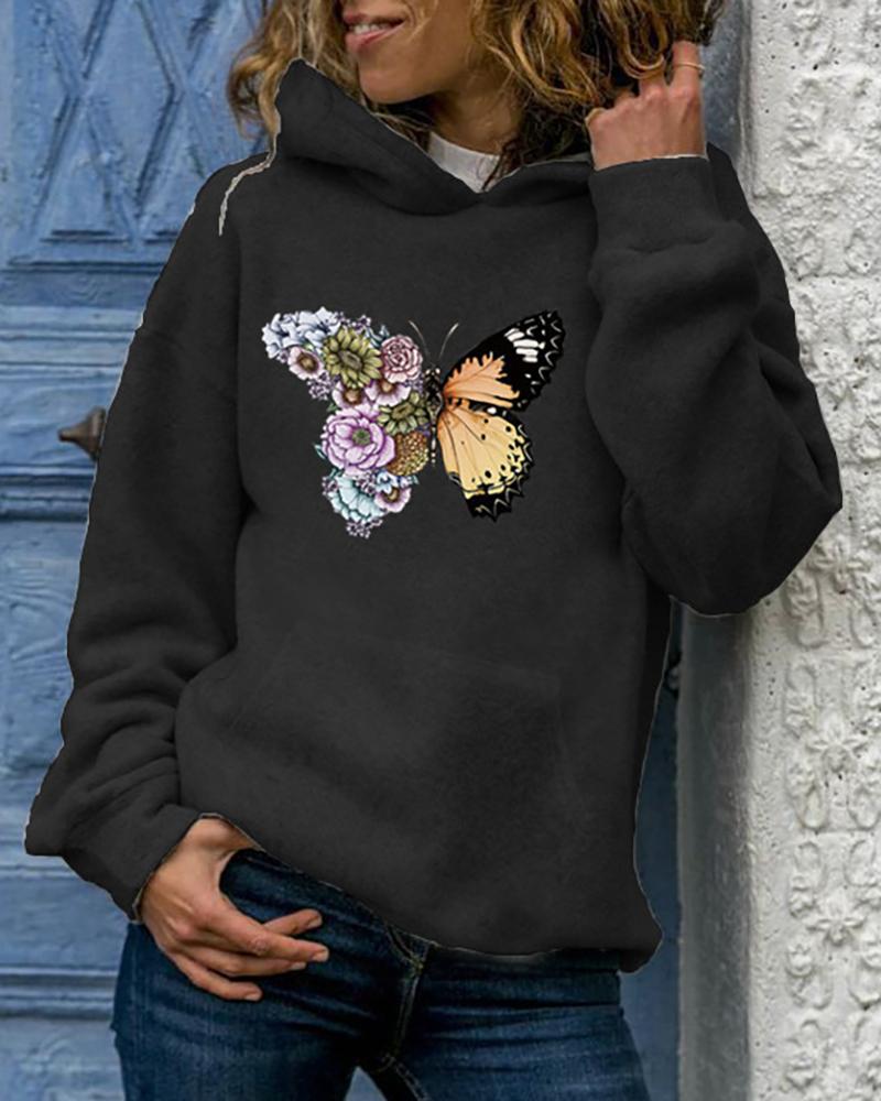 

Butterfly Print Pocket Design Hooded Top, Black