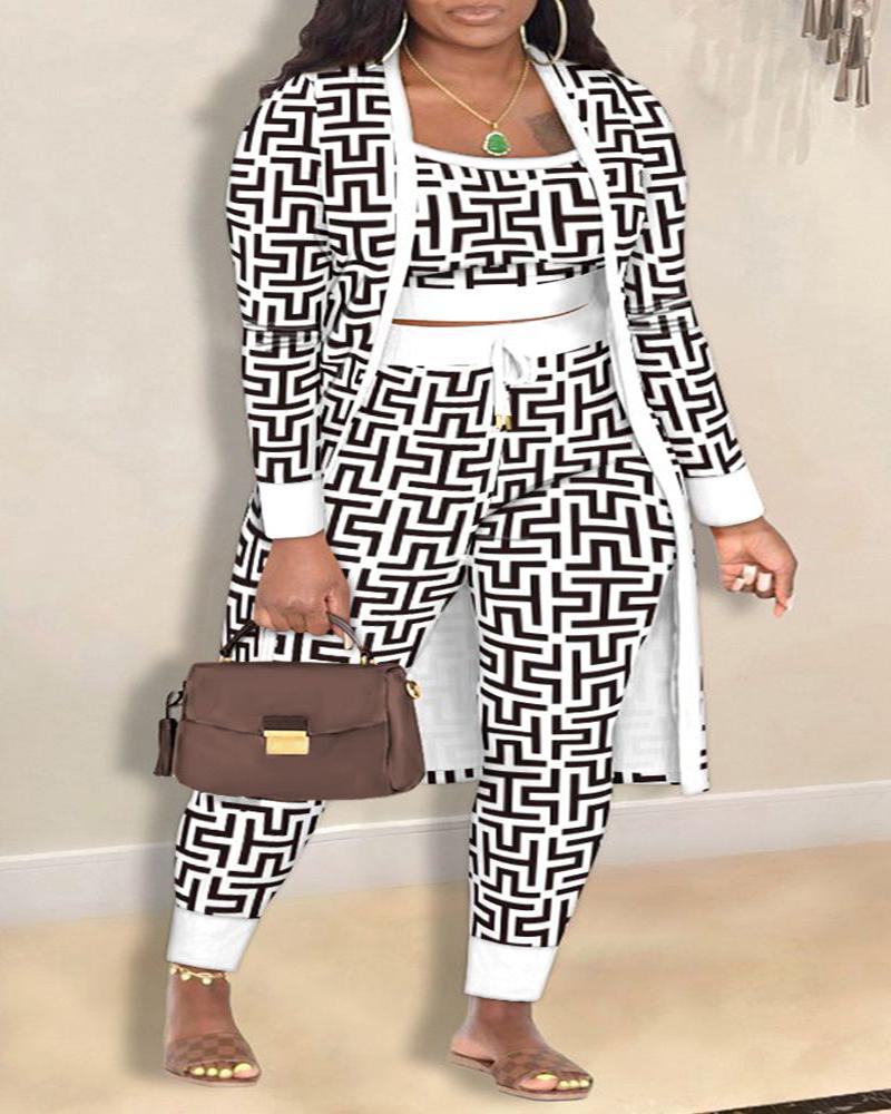 

Plus Size 3PCS Geometric Print Cami Top & Drawstring Pants Set With Coat, Blackwhite
