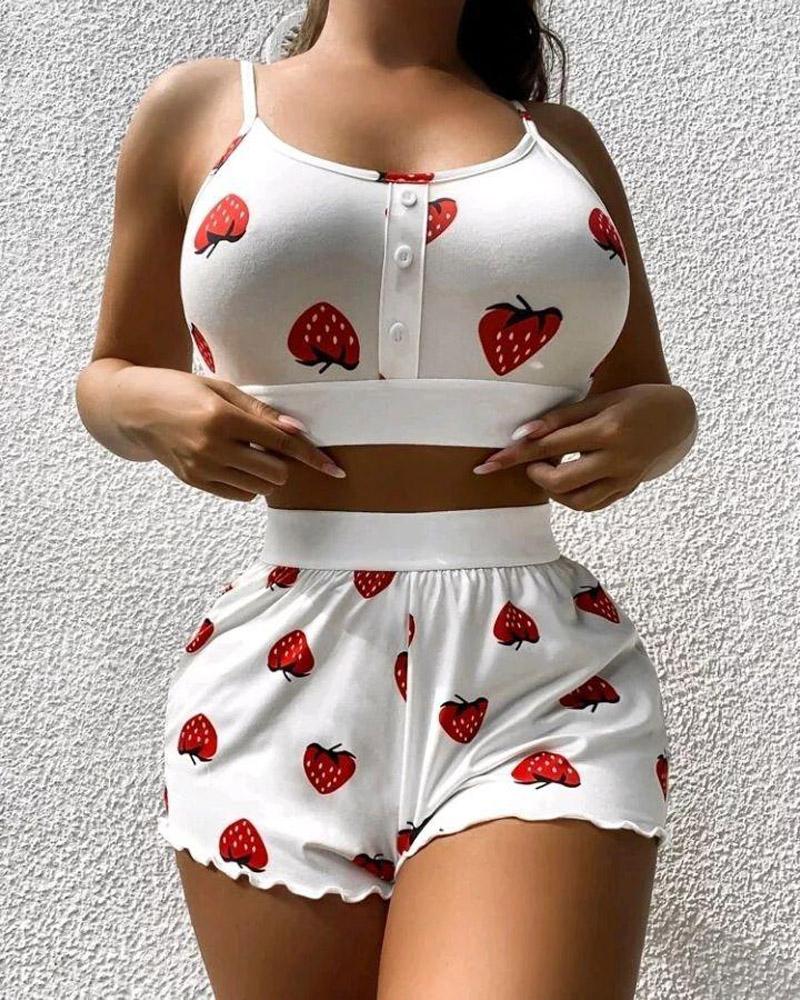 

Strawberry Print Button Decor High Waist Cami Set, White