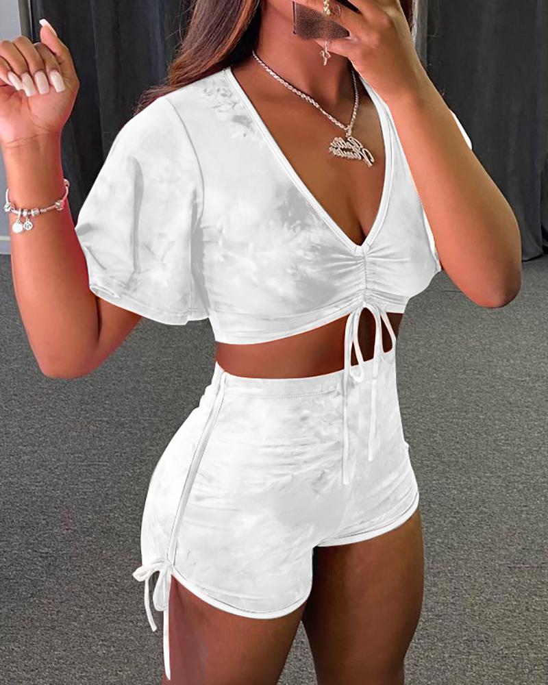 

Contrast Binding Drawstring Ruched Top & Shorts Set, White